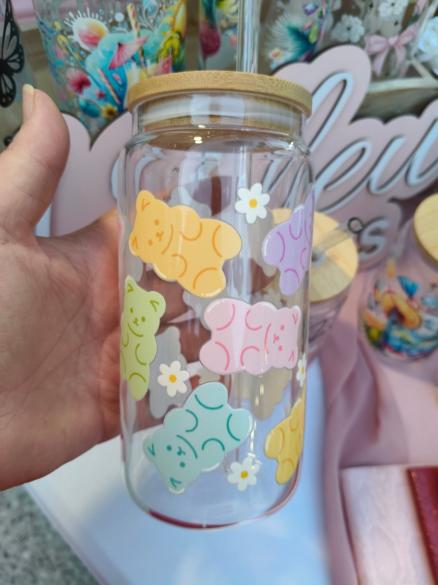 Gourde en verre,oursons couleurs