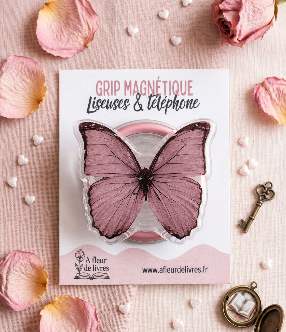 Poignée liseuse Papillon vieux rose