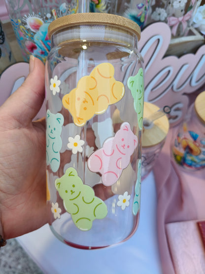 Gourde en verre,oursons couleurs