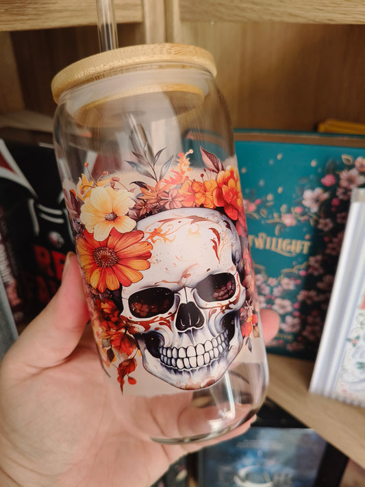 Gourde en verre , Crâne et fleurs